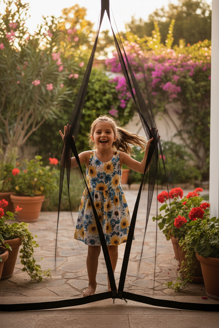 Niña empujando mosquitera magnética